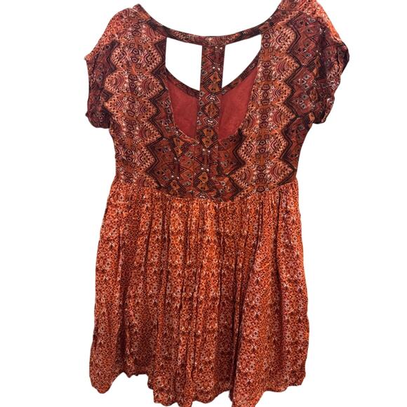 Free People Bohemian Rust Red Dress with Geometric Patterns - Super Soft Rayon - Picture 2 of 8